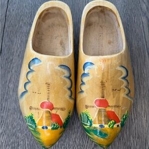 Vintage Hand-Painted Dutch Wooden Clogs with Windmill Design